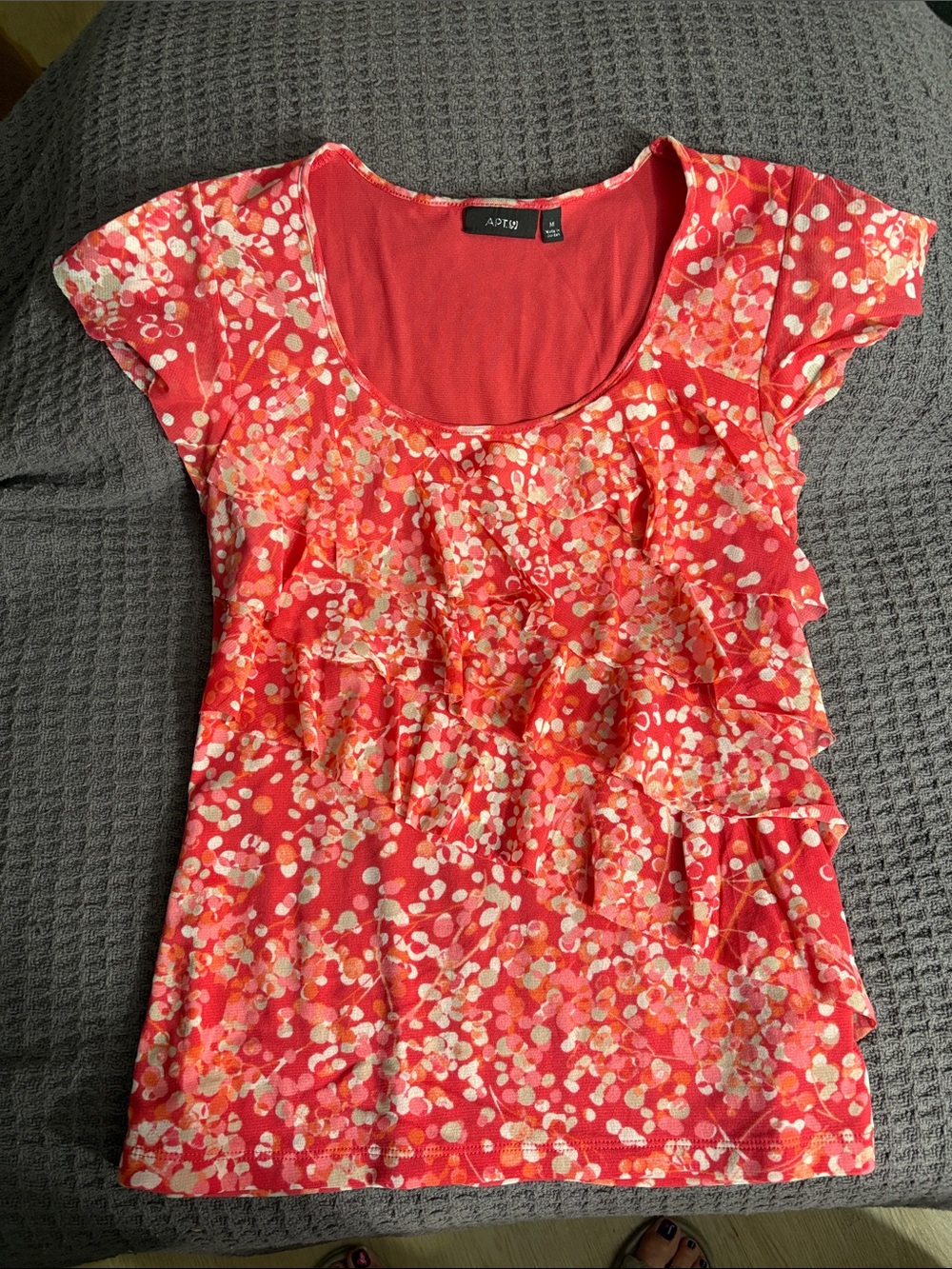 Apt. 9 Coral & White Printed Ruffle Scoop Neck Tee